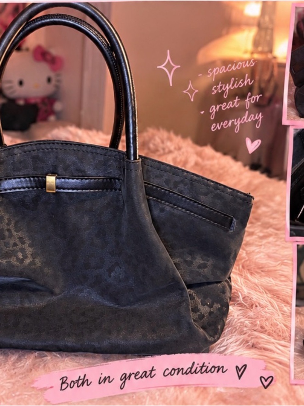 SHEIN Black Floral-Texture Tote Bag with Gold Accent